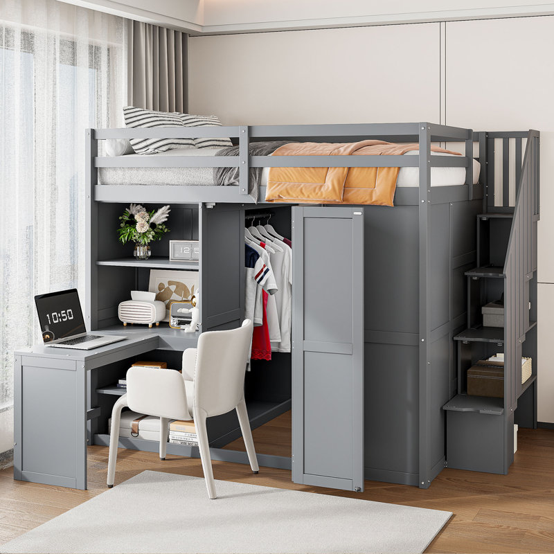 Full Loft Bed with Desk Armoire Dressing Room and Storage Stairs Harriet Bee Color Gray